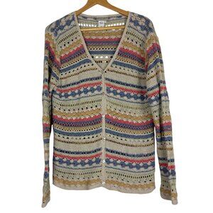 Coldwater Creek Vtg Crochet Cardigan Women's Medium Boho Striped Ramie Cotton